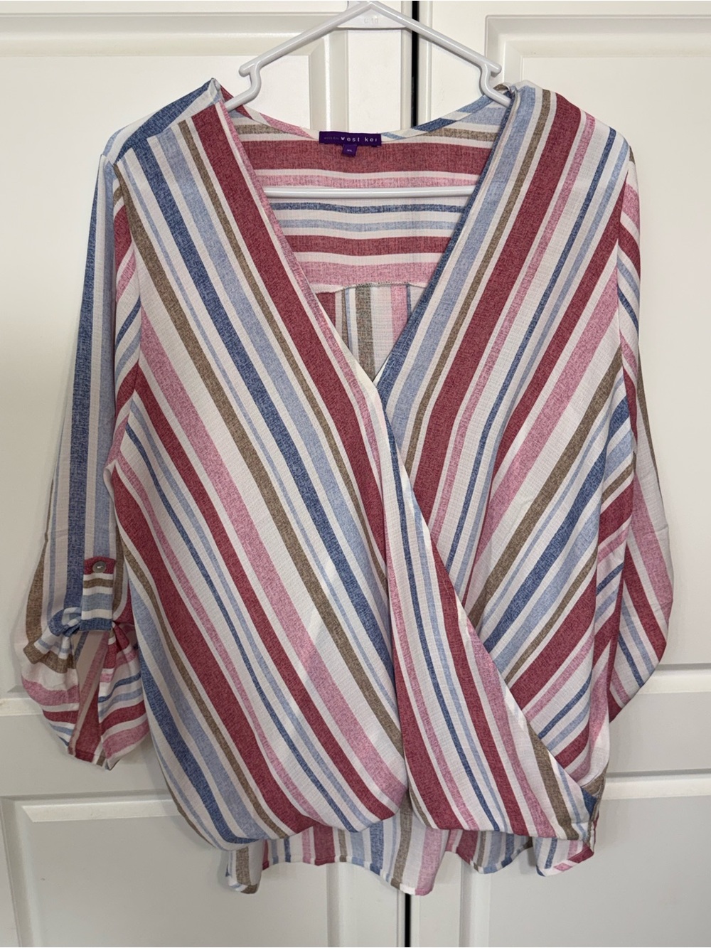 West Kei Striped Wrap-Front Blouse in Pink, Blue & Cream